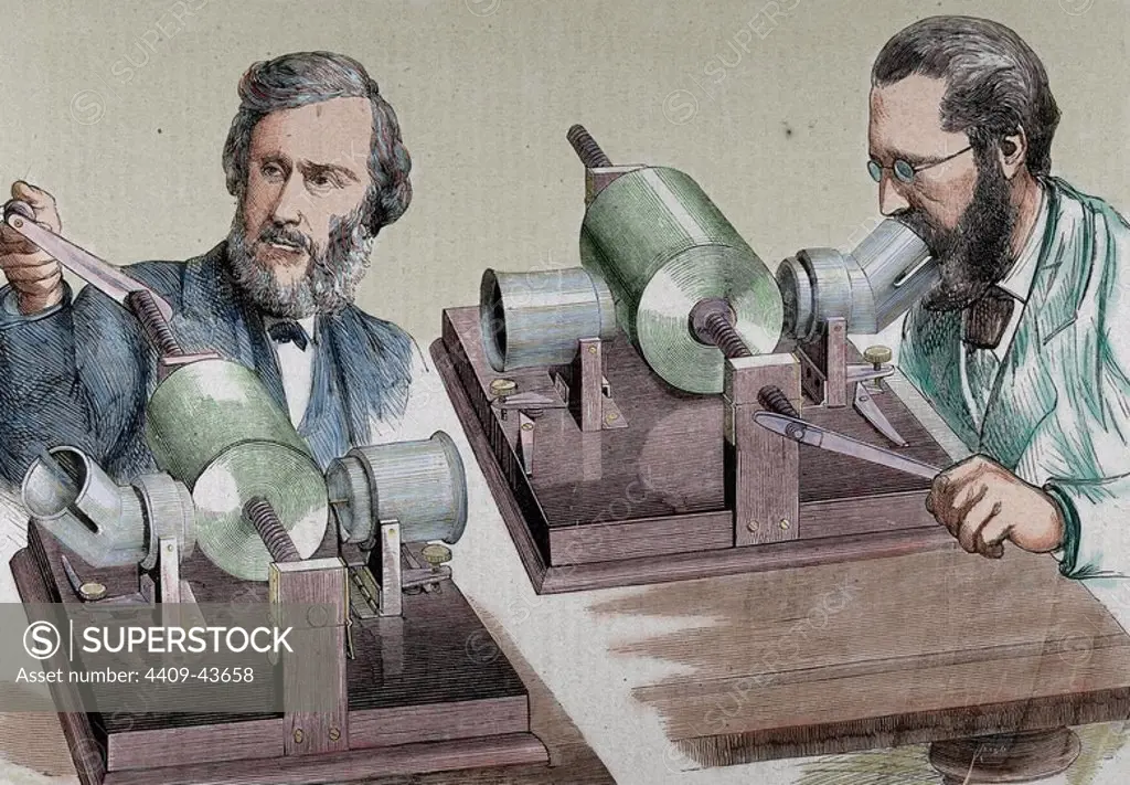 Phonograph. Created in 1877 by Thomas Alva Edison (Milan, Ohio, 1847-West Orange, 1931). Colored engraving.