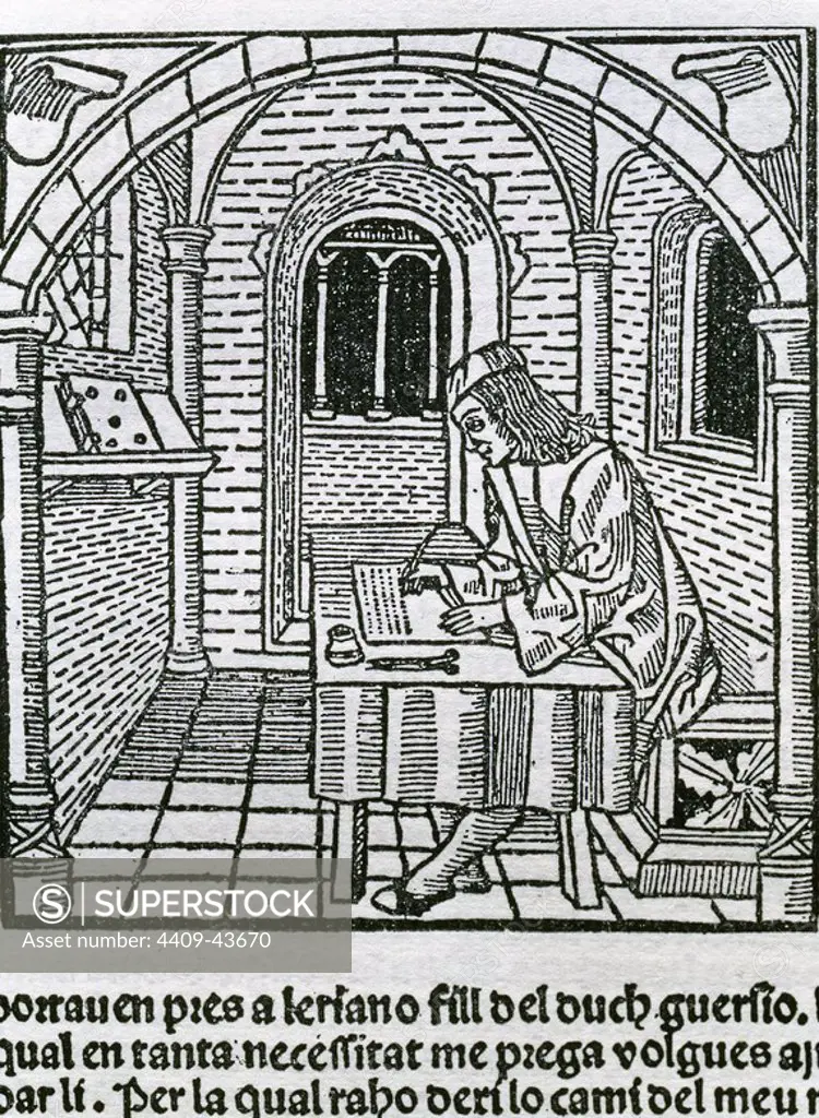 Spanish literature. Diego de San Pedro (ca. 1437-ca. 1498). Spanish writer. The Prison of Love, 1492. Engraving. Edition in Barcelona in 1493. Catalan translation. Spain.