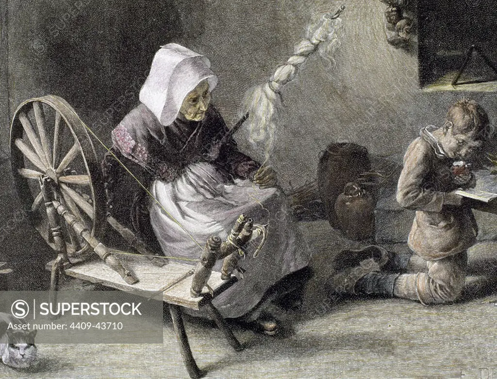 Old woman spinning. Colored engraving, 1870.
