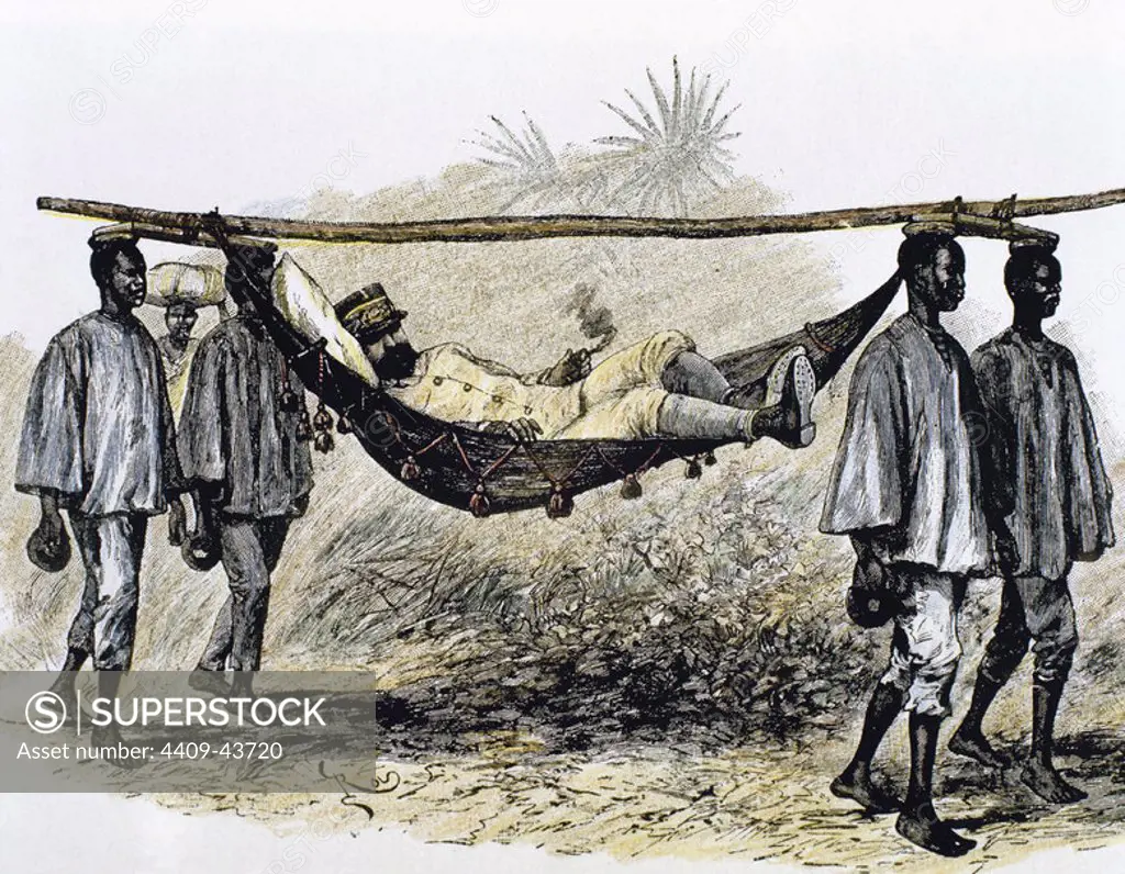 History of Africa. Colonialism. 19th century. European colonizer carried in a hammock by four African porters. Colored engraving.
