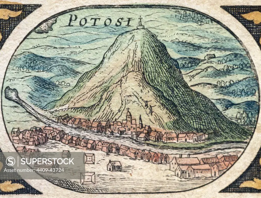 Bolivia. Potosi and the Cerro de Potosi (Rich mountain), also knows as the Cerro Rico. It is the reason for Potosi_'s historical importance, since it was the major supply of silver for Spain during the period of the New World Spanish Empire. Dutch engraving, 1645.