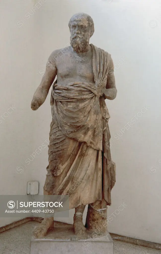Greek Art. Greece. Marble statue of a greek philosopher. Probably Socrates. c. 4th century BC. Dephi Archaeological Museum.