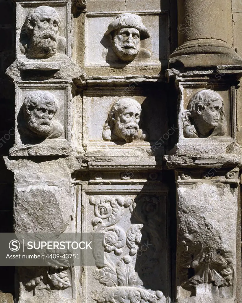 Church of St. Mary. Built between 1747 and 1789. Busts and reliefs carved into the facade. Calella. Barcelona province. Catalonia. Spain.