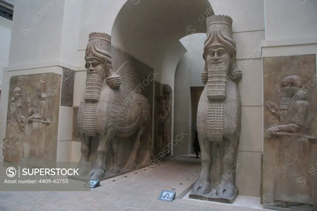 Assyrian Art. "Lamasu" or Bull-man. Gate from Sargon II's Palace. Dur-Sharrukin (Khorsabad). Assyria, 721-705 BC. Alabaster. 8th century BC. Louvre Museum. Paris. France.