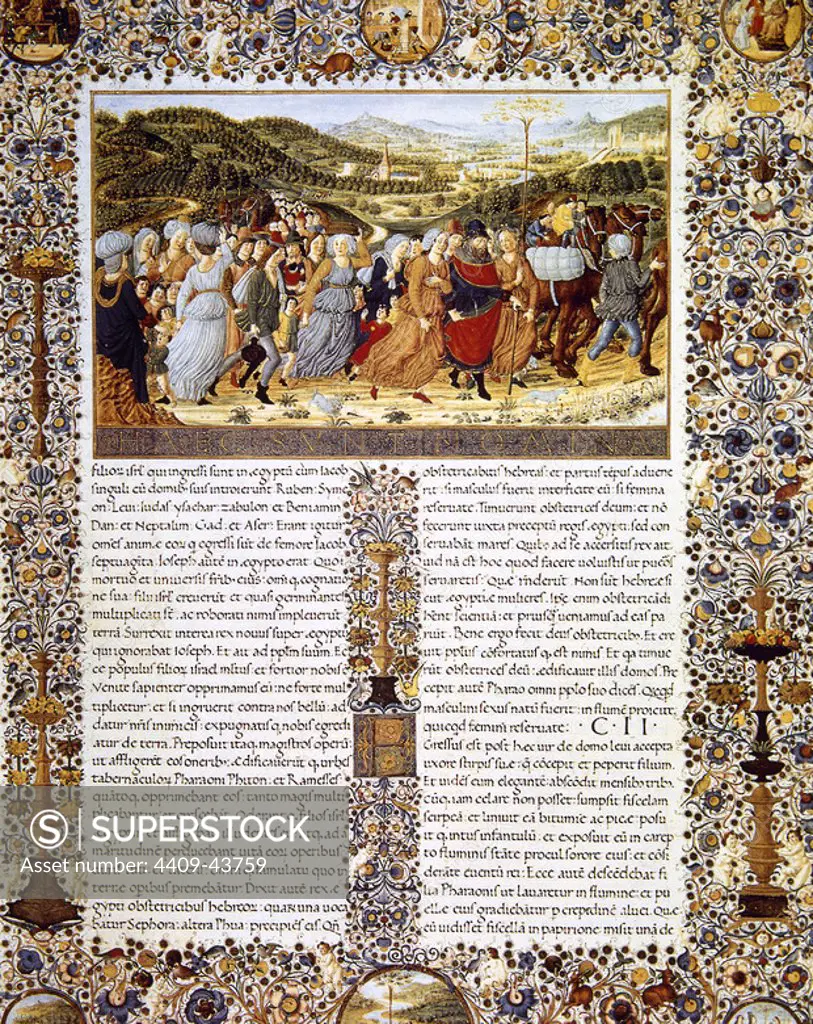 Urbinate Bible (1476-78). The Exodus. The departure of the Israelites from Egypt under the leadership of Moses to free them from slavery. Commissioned by Federico da Montefeltro and scribed by Hugues de Comminellis de Mazieres. Vatican Library.