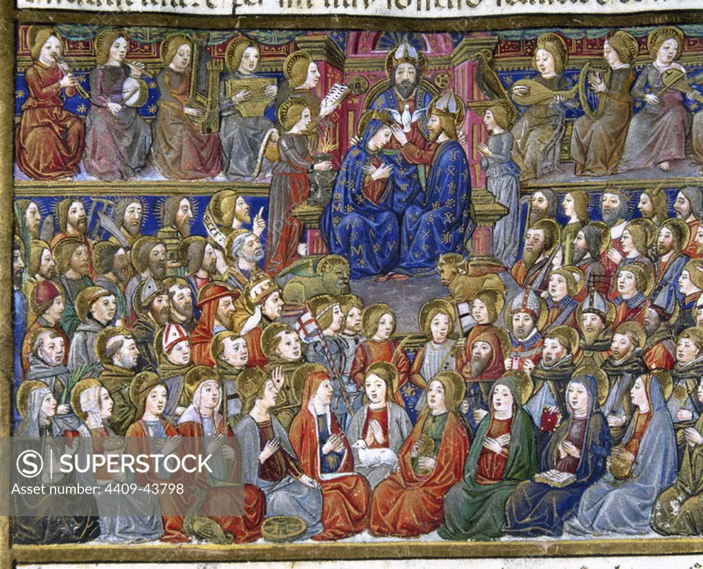 The end of the world and the Last Judgement. In heaven you will hear the voices of the crowd shouting, Hallelujah, Hallelujah ... and the righteous will be called to the banquet. Codex of Predis (1476). Royal Library. Turin. Italy.