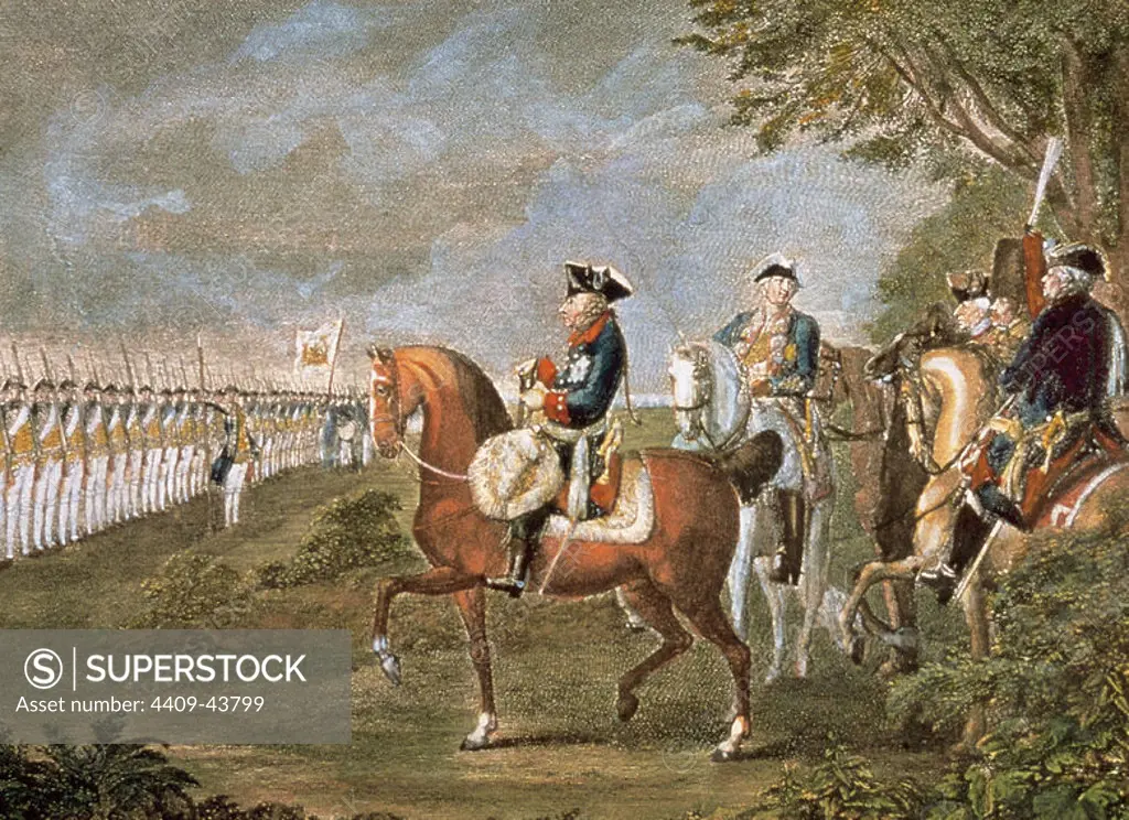 Frederick II the Great (1712-1786). King of Prussia (1740-1786). PARADE OF TROOPS BEFORE FEDERICO II. Engraving by CHODOWIECKI Daniel (1777).