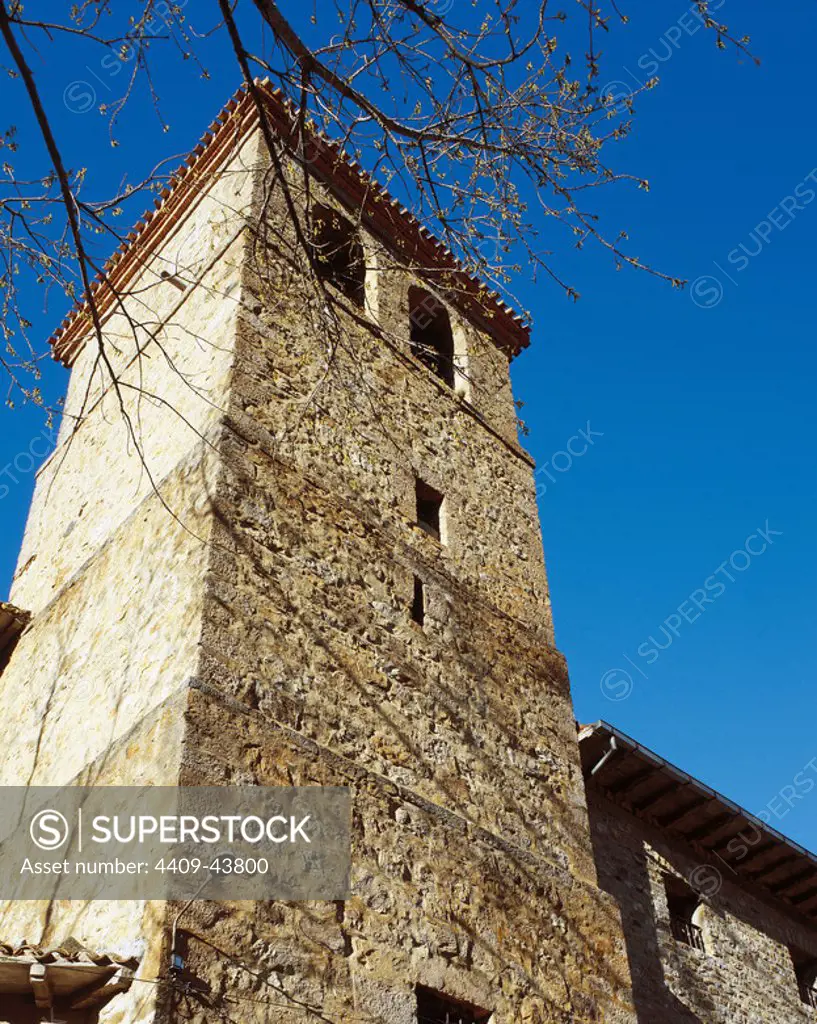 Spain. La Rioja. Lumbreras. Bell tower of San Bartolome church. 16th century.