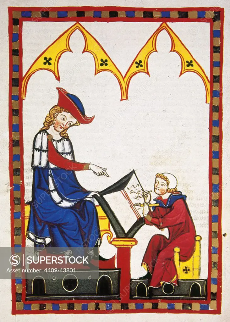 Konrad von Wurzburg, who died in 1287, dictates to a scribe. Fol. 383r. Codex Manesse (ca.1300) by Rudiger Manesse and his son Johannes. University of Heidelberg. Library. Germany.