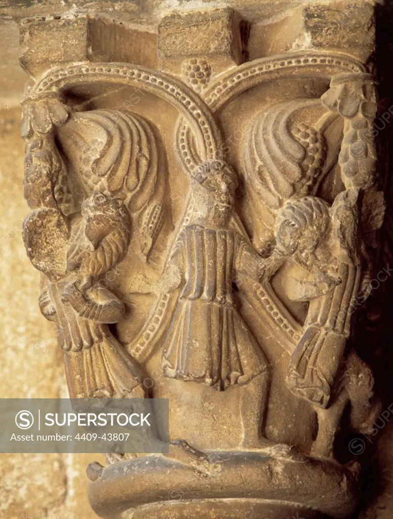 Monastery of Sant Cugat. Decorated capital of the cloister depicting biblical scenes. The Good Shepherd. West gallery. 12th century. Romanesque style. Sant Cugat del Valles. Province of Barcelona, Catalonia, Spain.