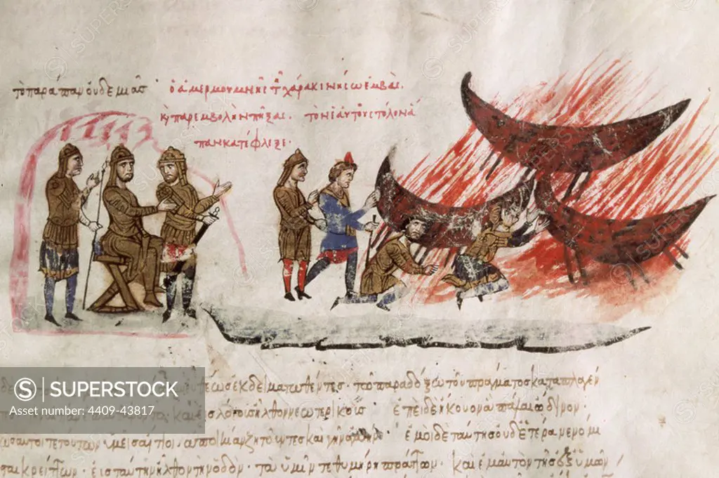 John Skylitzes. Synopsis of Histories. The Saracens landed in Crete. Codex of the 12th century. National Library. Madrid. Spain.