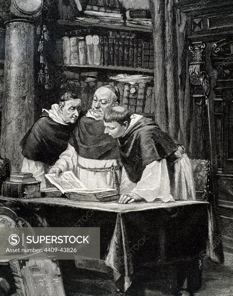Monks reading a copy of the Gutenberg Bible. Engraving by O. Roth in "The Spanish and American Illustration" (1886).