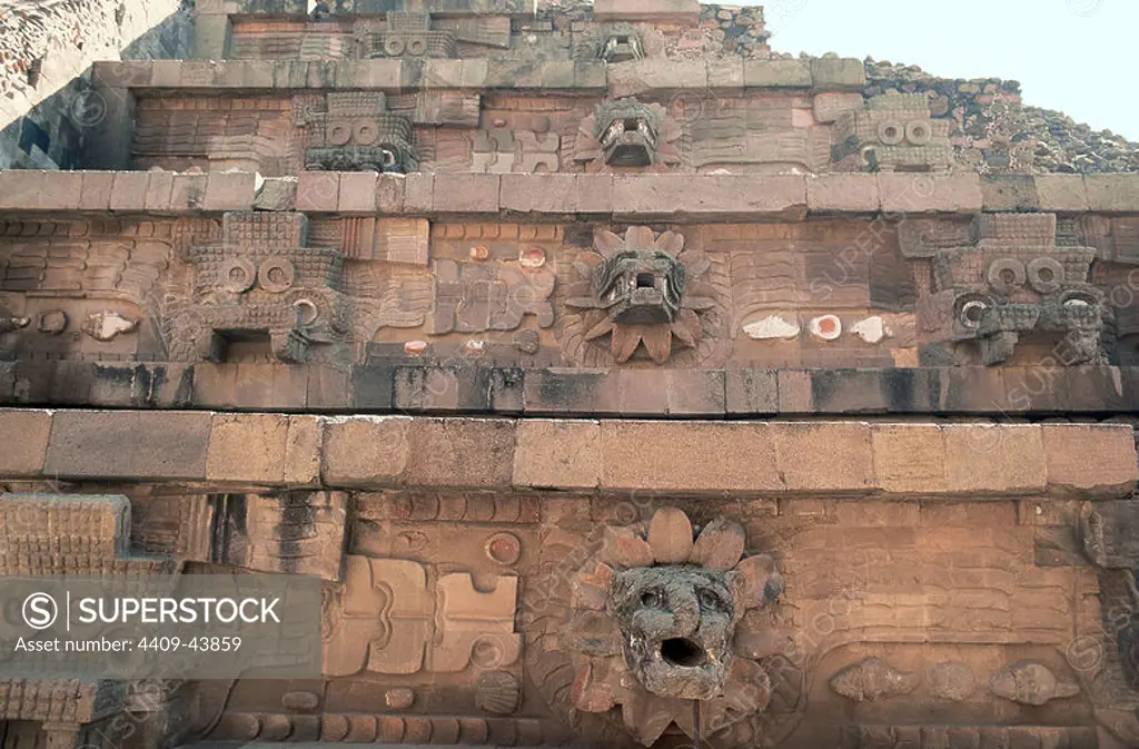 Pre-Columbian Art. Teotihuacan. Mexico. The Temple of the Feathered Serpent, also known as the Temple of Quetzalcoatl, and the Feathered Serpent Pyramid. Detail showing the alternating Tlaloc (left) and feathered serpent (right) heads. Talud-tablero style.