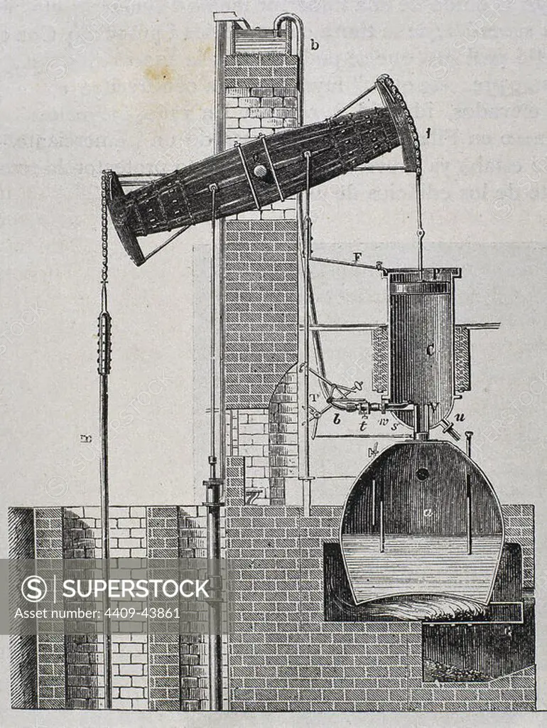 Newcomen steam engine invented by Thomas Newcomen in 1712. It consisted of a pump designed to reduce water steam in the galleries of mines. Engraving.