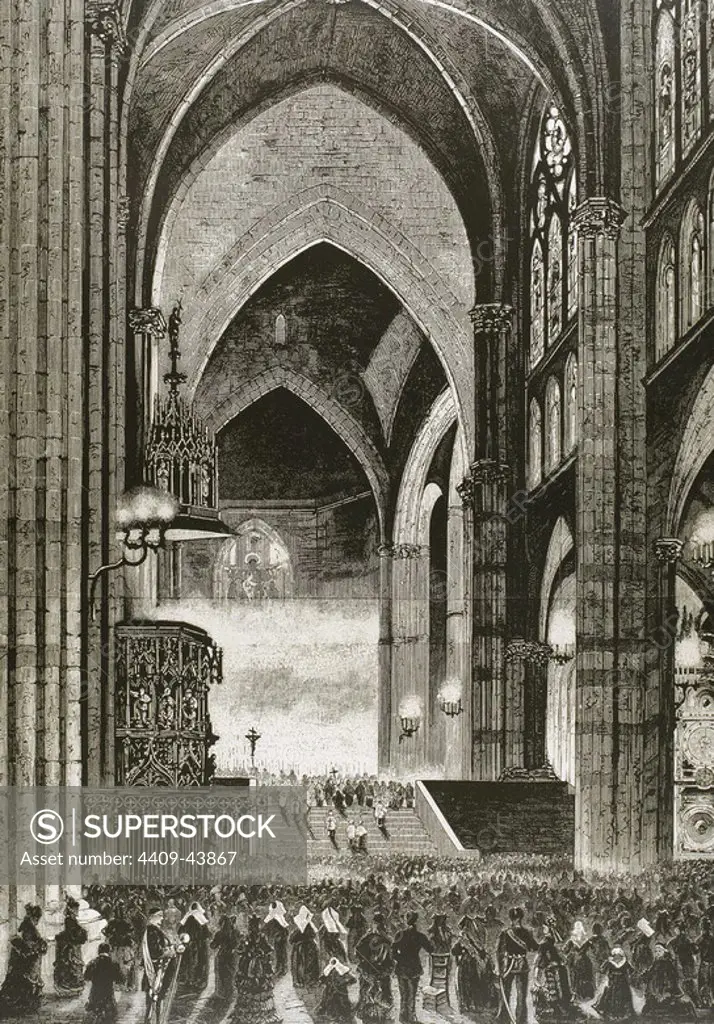 Celebrating Christmas Mass at the Cathedral of Strasbourg. France. Engraving in "The Spanish and American Illustration" (1875) on an original drawing by M. Robert Akmus.