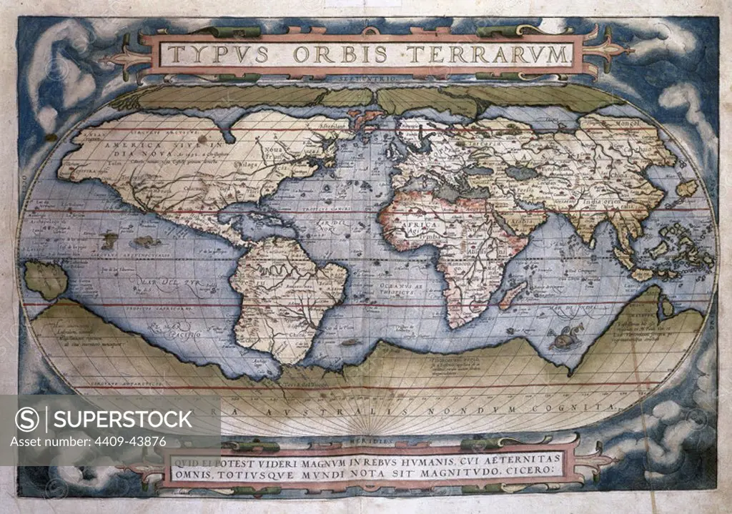 Theatrum Orbis Terrarum (Theatre of the World). Is considered to be the first true modern atlas. Written by Abraham Ortelius and originally printed on May 20, 1570, in Antwerp. World Map.