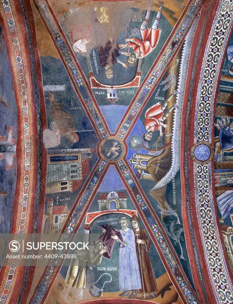Italy. Novalesa Abbey. Chapel of Saint Eldrado and Saint Nicholas. 11th century. Frescoes depicting the life of Saint Eldrado. Vault.