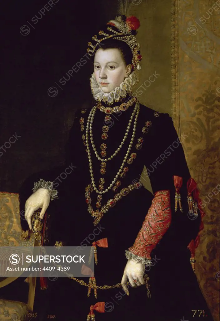 'Queen Isabel de Valois, third wife of Felipe II', ca. 1605, Oil on canvas, 120,1 cm x 84 cm, P01030. Author: JUAN PANTOJA DE LA CRUZ. Location: MUSEO DEL PRADO-PINTURA. MADRID. SPAIN. FELIPE II FAMILIA. VALOIS ISABEL DE. ISABEL DE VALOIS. FELIPE II ESPOSA. MEDICIS CATALINA HIJA DE. ENRIQUE II DE FRANCIA HIJA.