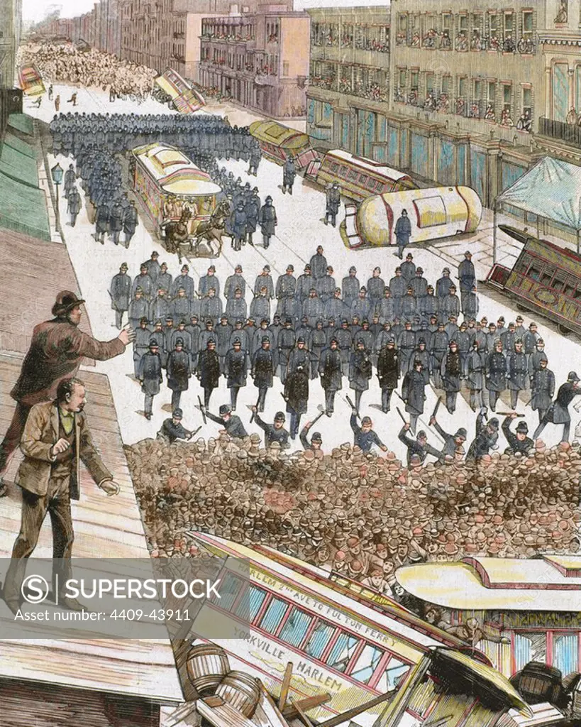 Police officers dispersing the strike of employees of Streetcar in New York, March 4, 1886. Colored engraving.