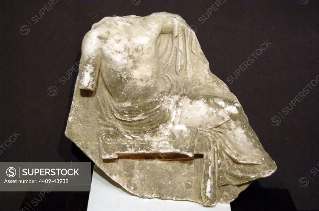 GREEK ART. REPUBLIC OF ALBANIA. Relief depicting the god Asclepius seated. Found in 1938 near the Hellenistic gate of Butrint. III-I centuries B.C. Ruins of Butrint Museum.