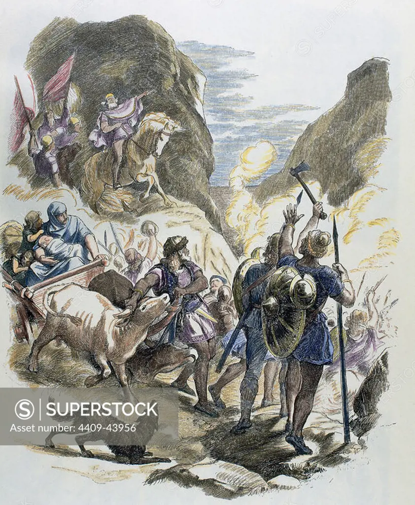 Germanic invasions. The Goths cross the Alps. Colored engraving.