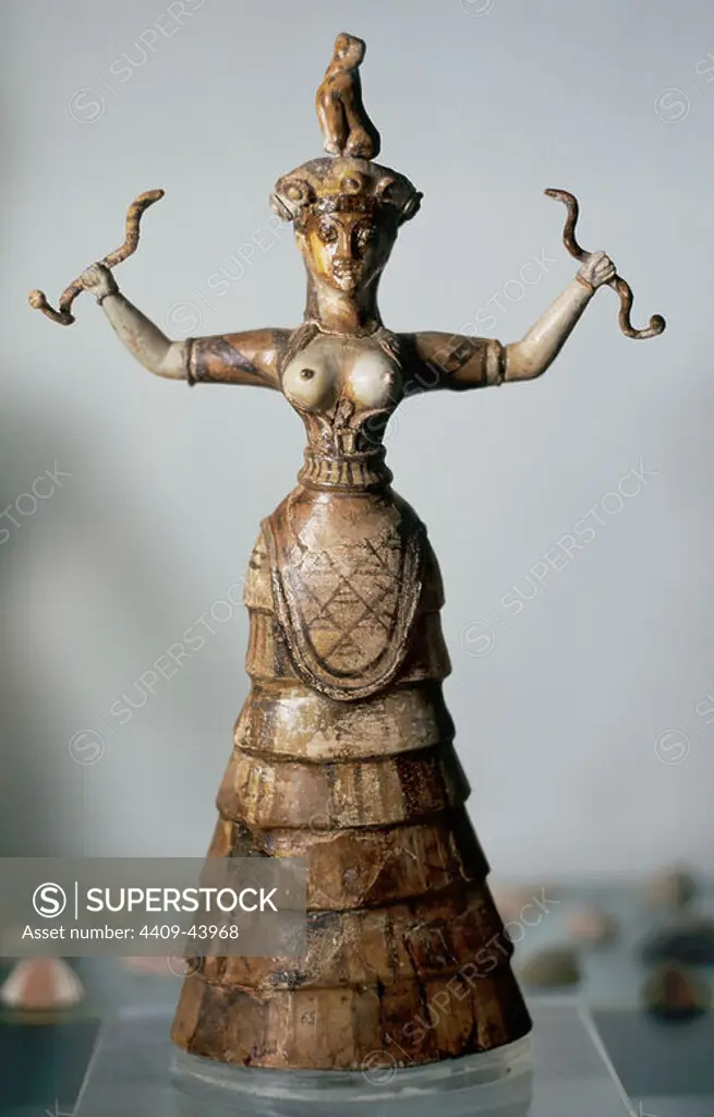 Minoan Art. Island of Crete. The younger snake goddess, from the palace of Knossos. C. 1600 BC. Heraklion Archaeological Museum. Greece.