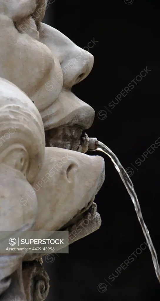 Italy. Rome. Fountain of the Pantheon by Giacomo della Porta (1533-1602). 1575. Sculpted by Leonardo Sormani (ca.1550-1590). Detail of a mask with a pipe.