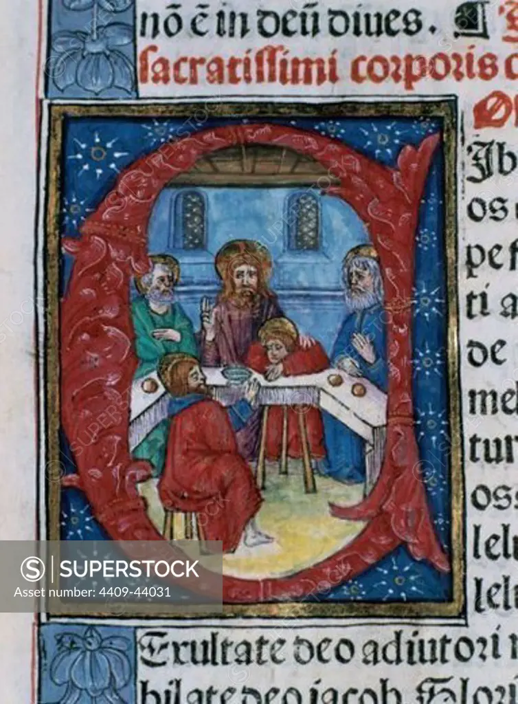 Missal. Initial detail. Last Supper. Latin. Codex 9. 1524. Printing Rosenbach (Barcelona, Spain). Chapter Archive of Tortosa. Catalonia. Spain.