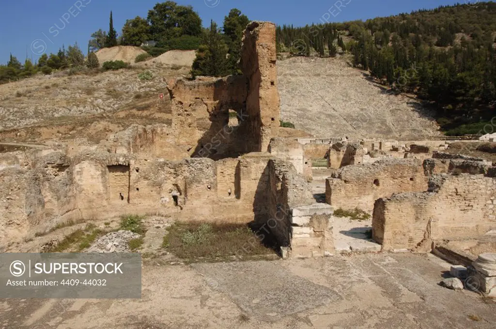 Greece. Argos. Roman Baths and Theatre, at background. Ruins. Peloponnese Region.