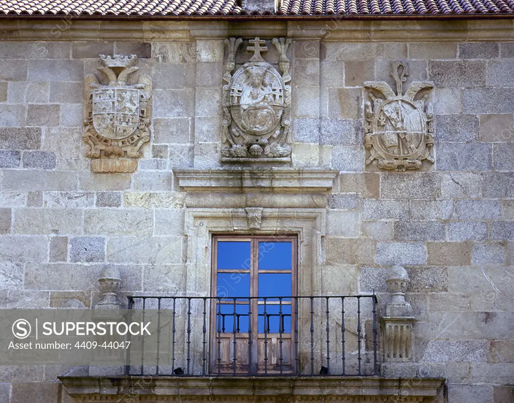 Facade of the Monastery of St. Clodius, historic monument since 1931. Founded in 928, became part of the Cistercian Order in the thirteenth century. Detail. Leiro. Galicia. Spain.