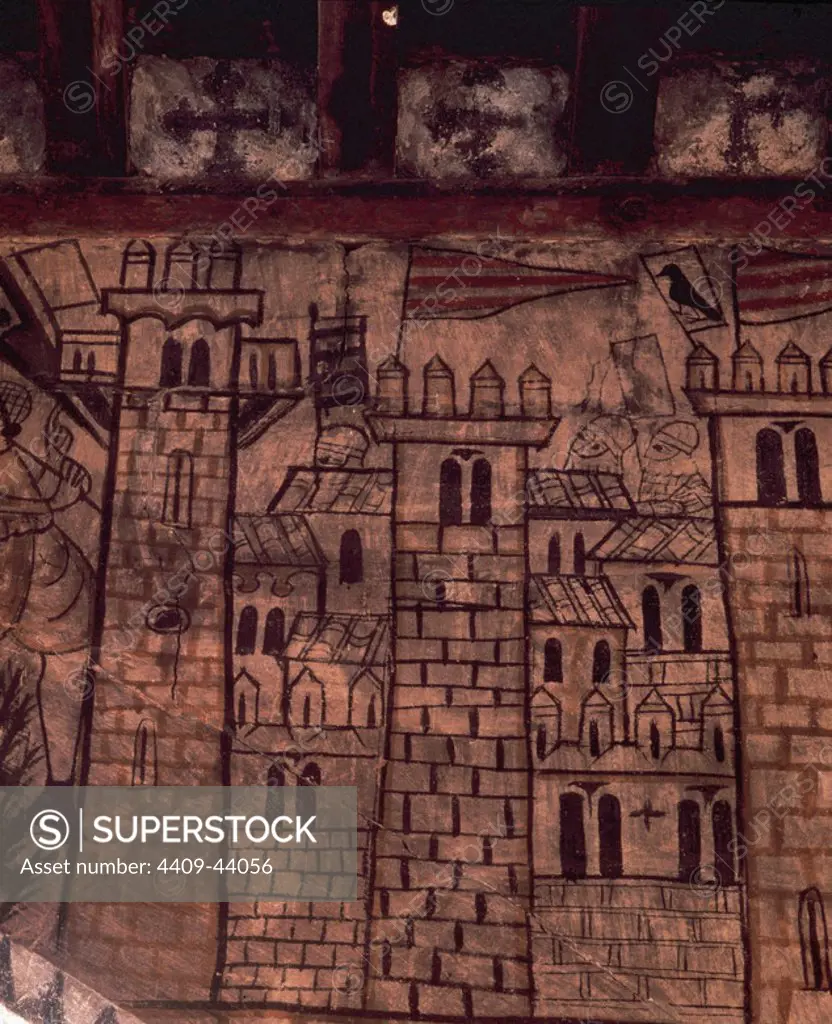 Walls of Valencia city where flew the flag of king James i the Conqueror for the first time on September 28, 1238. Mural painting from the 14th century. Alcan~iz Castle. Teruel Province. Aragon. Spain.
