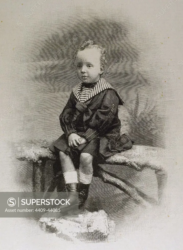 Alphonse XIII (1886-1941). King of Spain. Portrait as a child. Engraving.