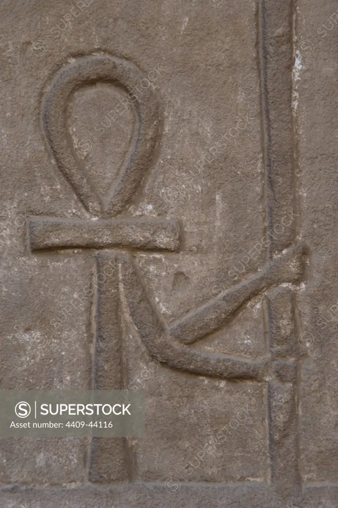Egyptian hieroglyph depicting the Ankh. Temple of Horus in Edu. Egypt.