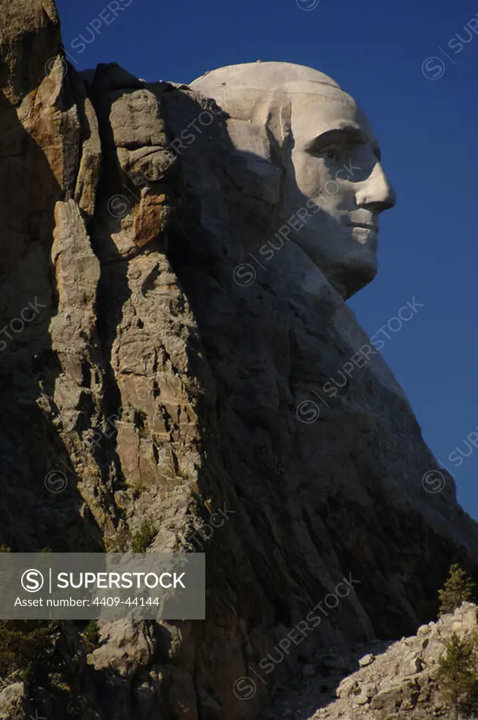 ESTADOS UNIDOS. MOUNT RUSHMORE (MONTE RUSHMORE), con las cabezas de los presidentes norteamericanos, esculpidas entre 1927 y 1941 por Gutzon BORGLUM. CABEZA DE GEORGE WASHINGTON. Declarado Monumento Nacional en 1925. KEYSTONE. Estado de Dakota del Sur.
