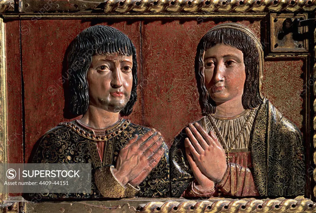 Felipe Bigarny (1475-1543). Spanish architect and sculptor of Burgundian origin. Relief depicting the Catholic Monarchs, Isabella and Ferdinand. Polychromed wood. Main altarpiece, 1520-1522. Royal Chapel. Cathedral of Granada. Spain.