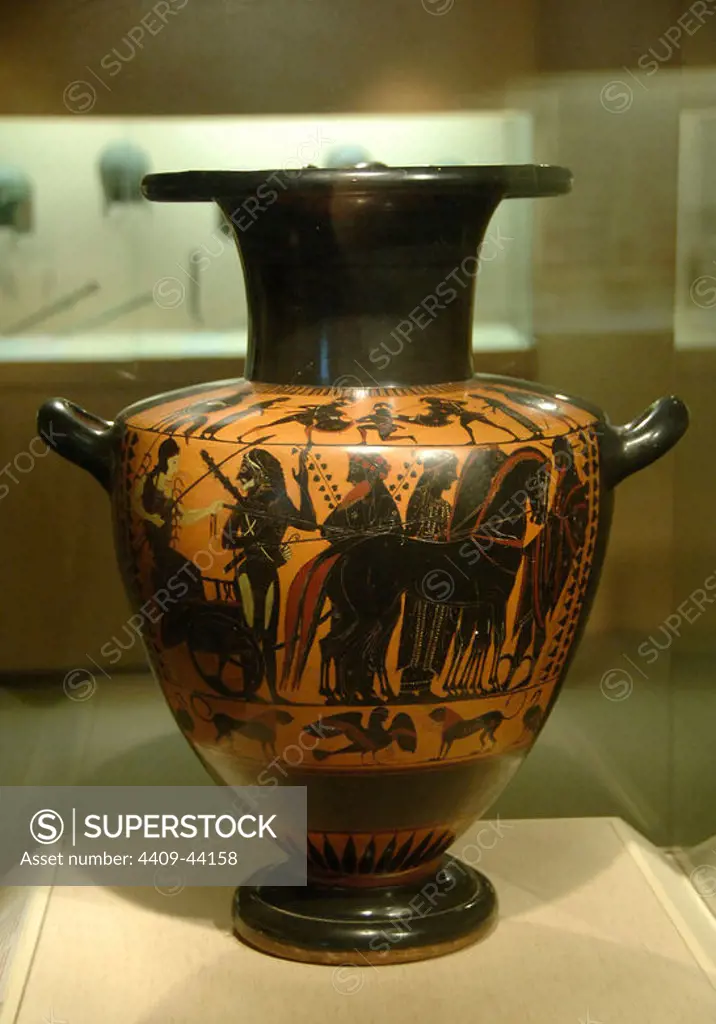 GREEK ART. GREECE. HYDRIA by LYSIPPIDES depicting the Hercules departure towards Olympus with Athena as auriga and Hermes as a guide. Black figures. Dated to 525 b.C. Museum of Cycladic and Ancient Greek Art. Athens. Greece.