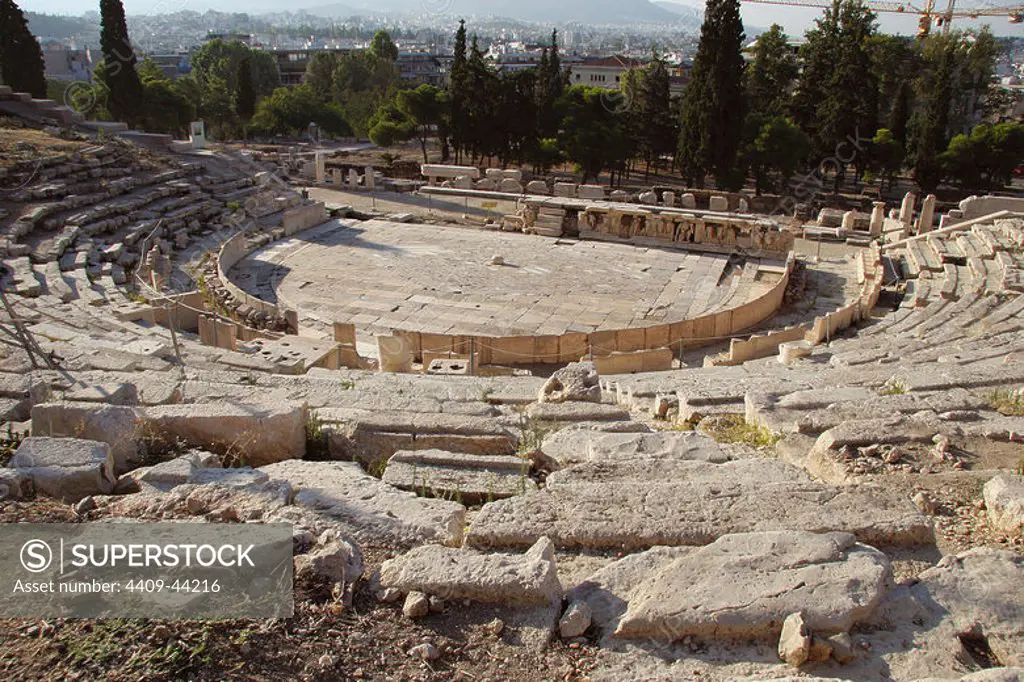 Greek Art. The Theatre of Dionysus. Built at he foot of the Acropolis.( V B.C.). Athens. Greece. Europe.