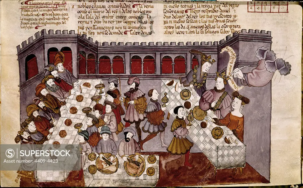 Alba Bible. Balthazar's feast. 15th century miniature. Madrid, Collection of the dukes of Alba. Location: PRIVATE COLLECTION. MADRID. SPAIN.