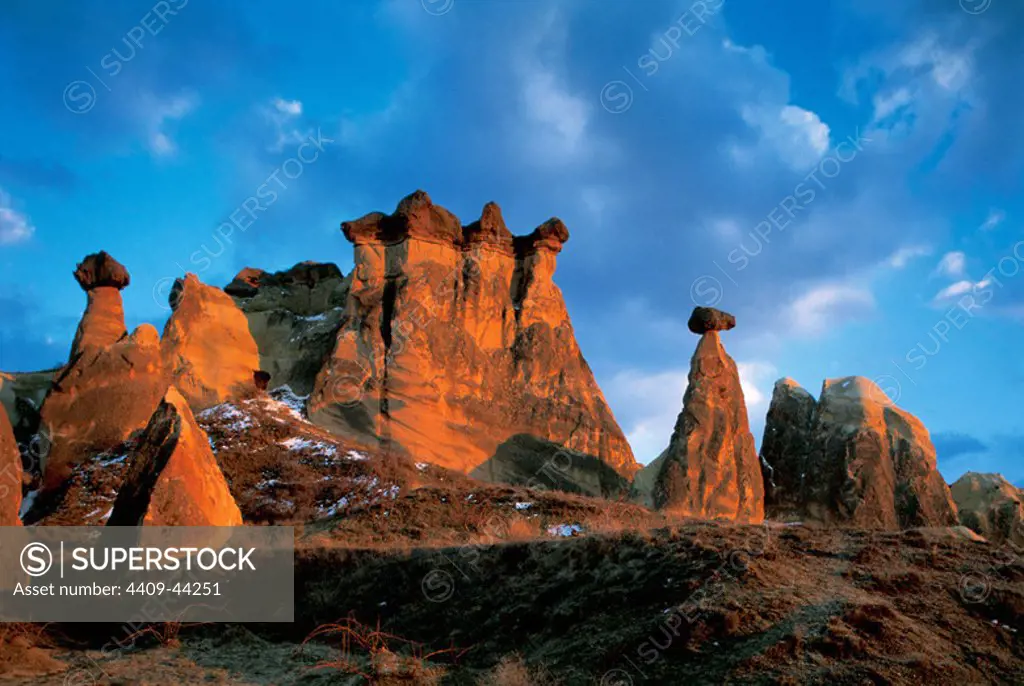 TURKEY. Panoramic view of the Pasabag Valley with the rock formations known as 'fairy chimneys'. Cappadocia Central Anatolia.