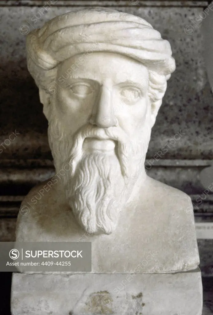 Pythagoras of Samos (570 BC-495 BC). Ionic Greek philosopher, mathematician, and founder of the religious movement called Pythagoreanism. Bust. Roman copy. 1st and 2nd centuries. Capitoline Museums. Rome. Italy.