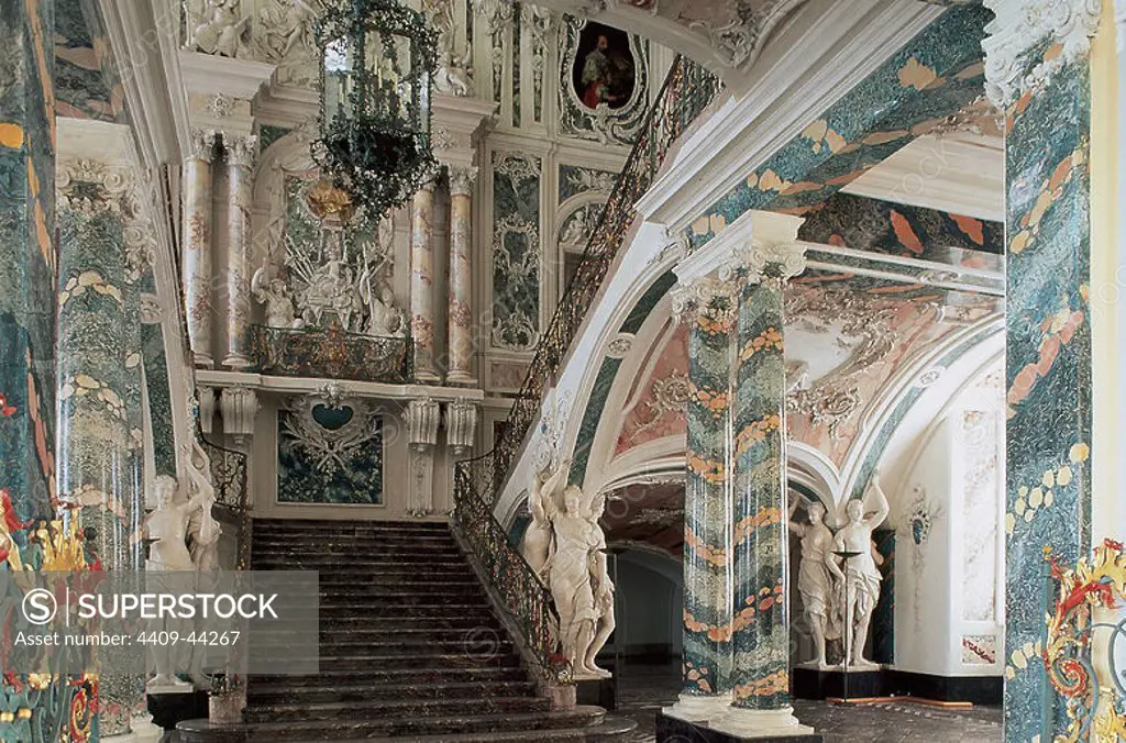 Germany. North Rhine-Westphalia. Bruhl. Augustusburg Palace. 18th century by architects Johann Conrad Schlaun and Francois de Cuvillies. Rococo staircase, designed by Johann Balthasar Neumann.