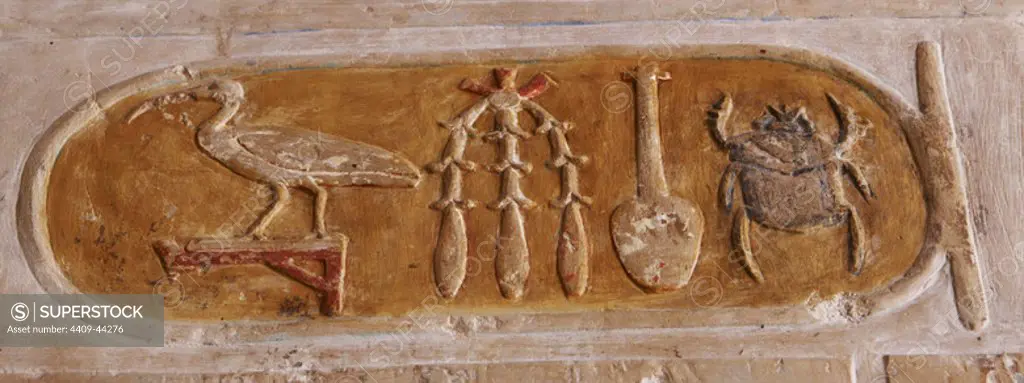 Royal cartridge of Queen Hatshepsut. Eighteenth dynasty. New Empire. Yemple of Hatshepsut. Deir el-Bahari. Egypt.