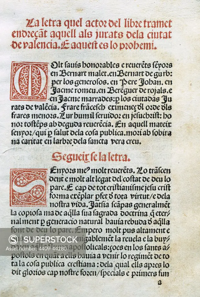 Francesc Eiximenis (1327-1409). Spanish writer. Regiment of the public thing (Regiment de la cosa publica). Prologue. Incunabula.