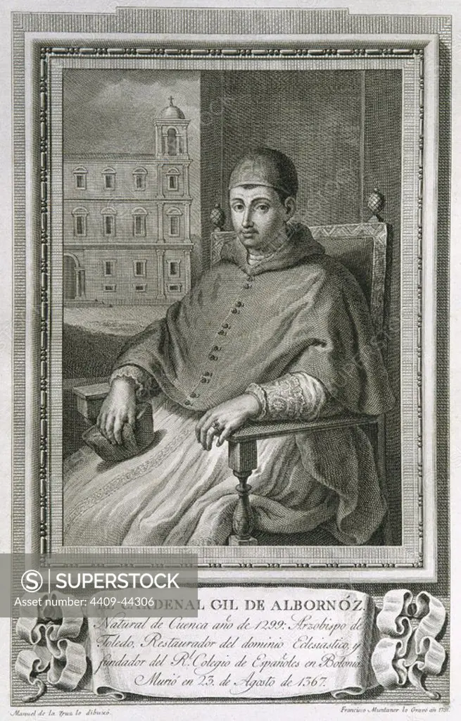 Gil Alvarez Carrillo de Albornoz (1310-1367). Spanish Cardinal. Engraving.