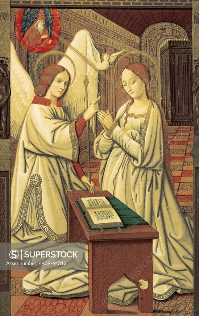 Book hours. Annunciation of Mary. Miniature. 15th century. Codex of Anne of Brittany (1475-1589). Facsimile. Ambrosiano Museum Library. Milan. Italy.