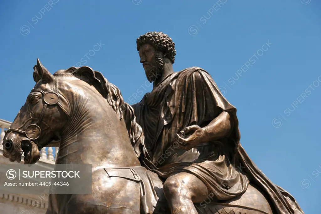 Roman Art. Replica of the equestian statue of emperor Marcus Aurelius (121-180 AD). Antonine dynasty. The original is in the Palazzo dei Conservatori. Rome. Italy.