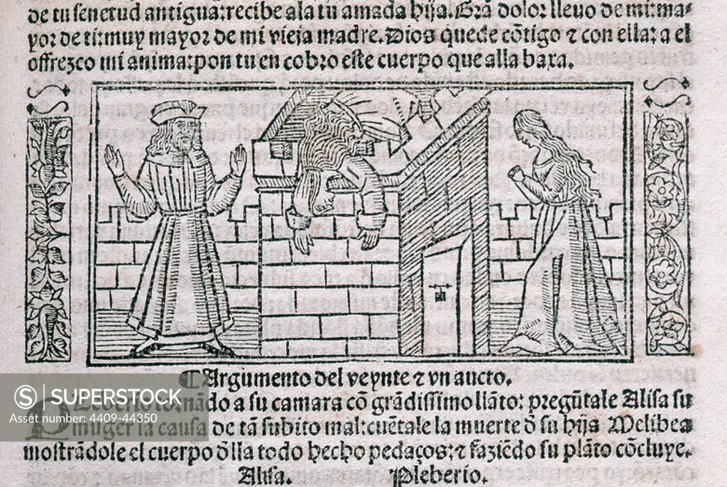 The Celestina or Tragicomedy of Calisto and Melibea (1499). By Fernando de Rojas (ca.1465-1541). Engraving depicting a start of act 21. Edition printed in Burgos, Spain, 1531. Library of Catalonia. Barcelona. Catalonia. Spain.