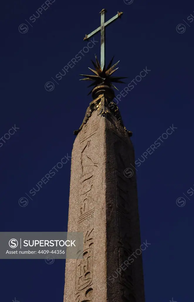 Macuteo Obelisk. Dated at time of egyptian pharaoh Ramesses II, New Kingdom. Placed in 1711 on a restored fountain by Filippo Barigioni (1690-1753). Rotonda Square. Rome. Italy.