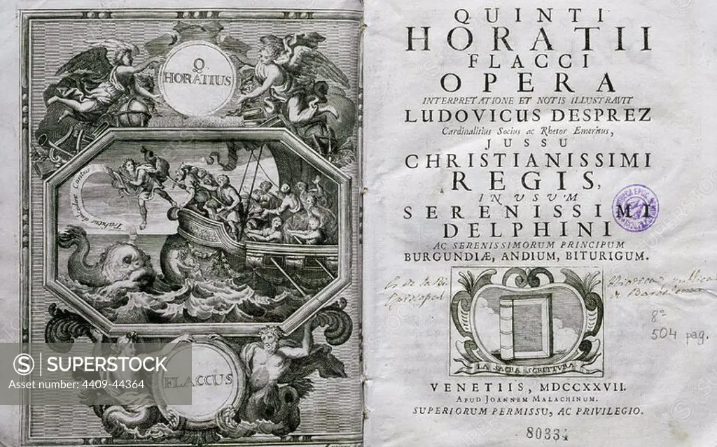 Quintus Horatius Flaccus (65 Bc-8 Bc). Known as Horace. Roman lyric poet. Opera. Ed. Venice, 1727. Episcopal Library. Barcelona. Spain.
