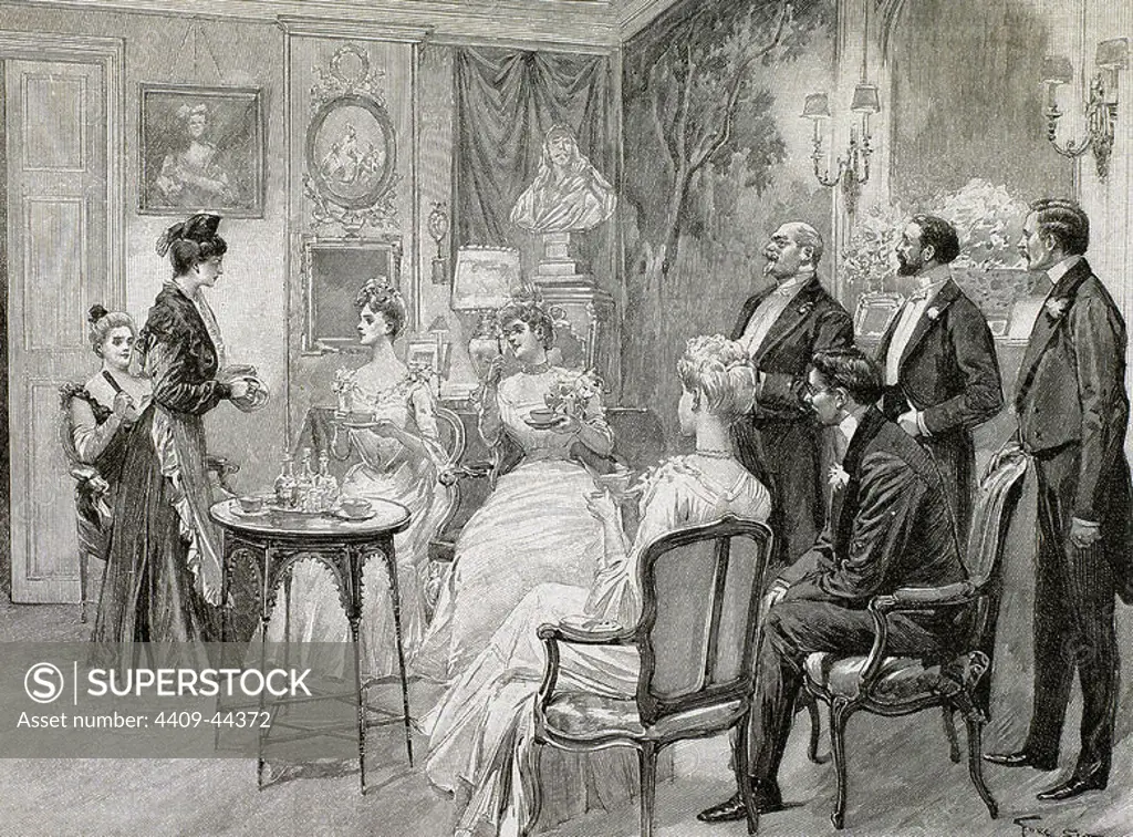 Meeting of aristocratic families in the living room. Engraving by George Scott, 1892.